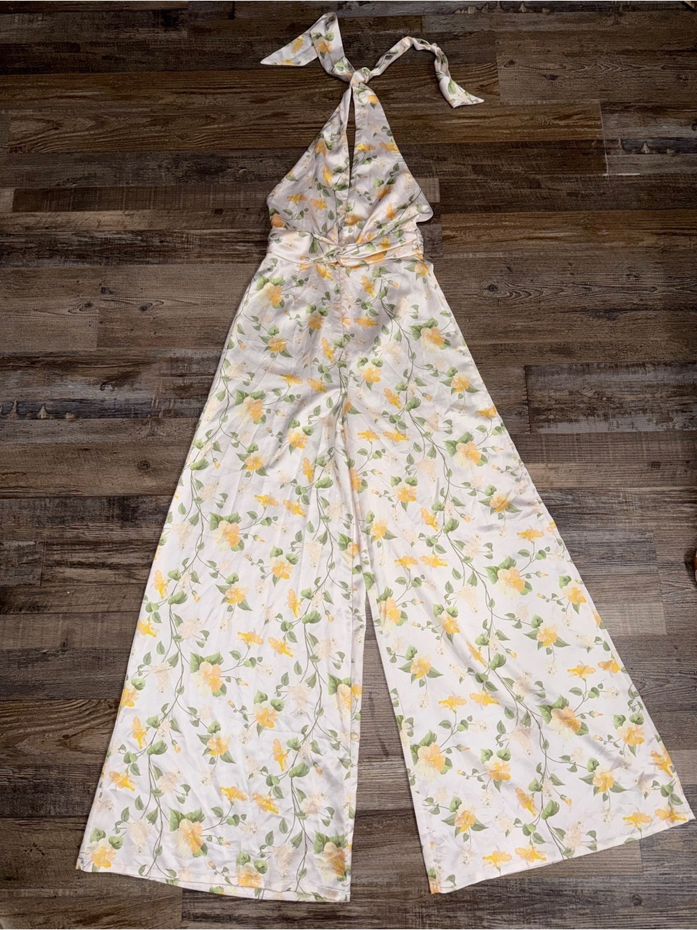 Hello Molly White Floral Halter Wide Leg Jumpsuit Yellow Green Small US 4 - Picture 4 of 10